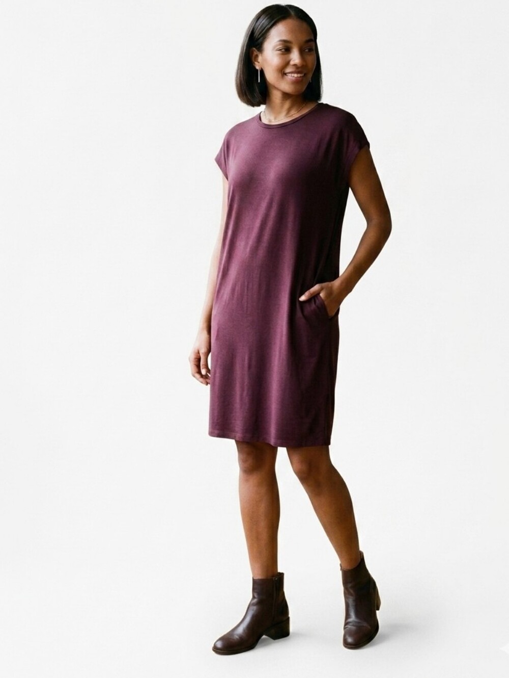 Eileen Fisher TENCEL Lyocell Jersey Cap-Sleeve Shift Dress In Plum Purple Size M